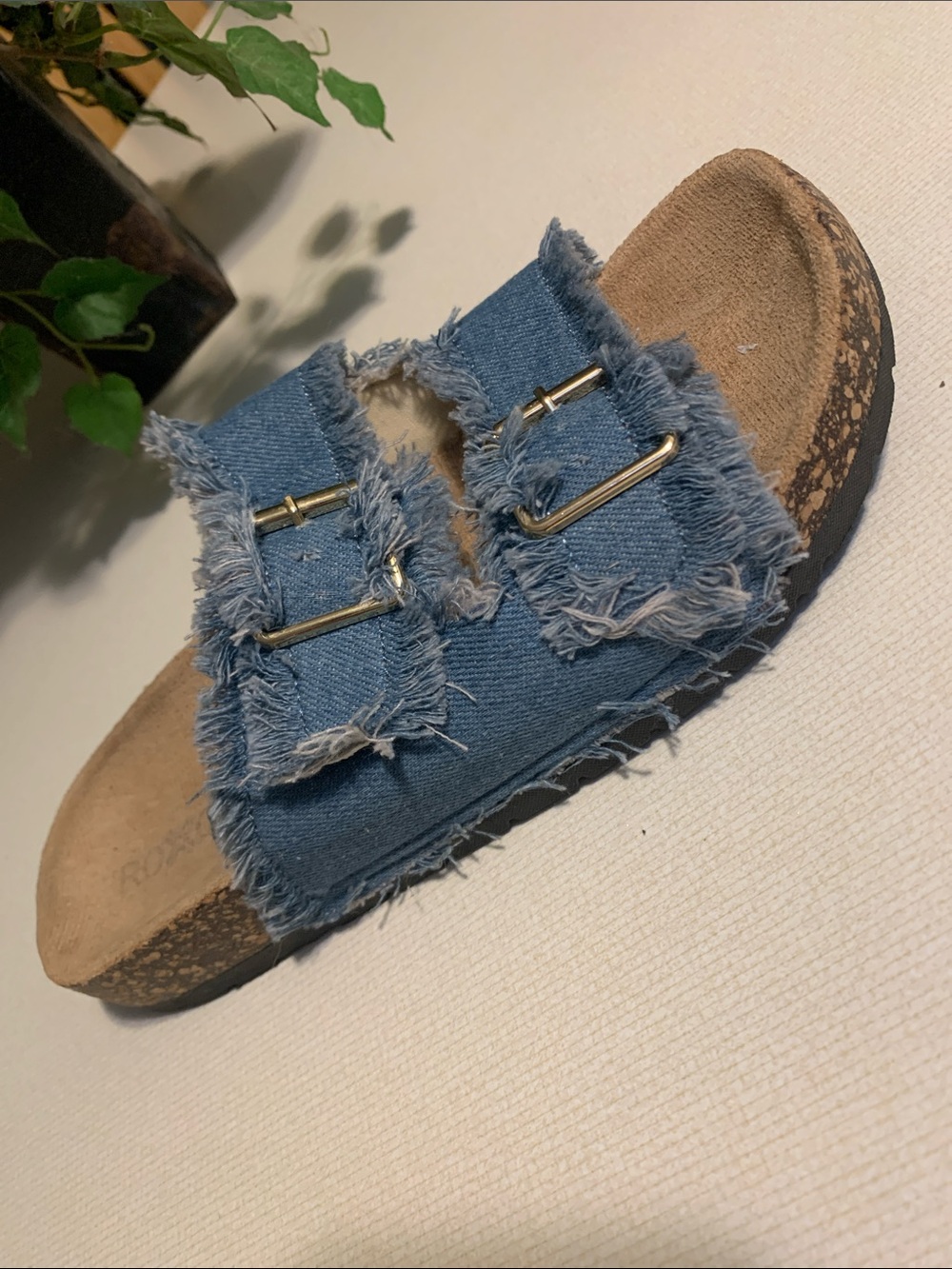 Roxoni Frayed Denim Double-Strap Slide Sandals - Blue - Picture 2 of 8